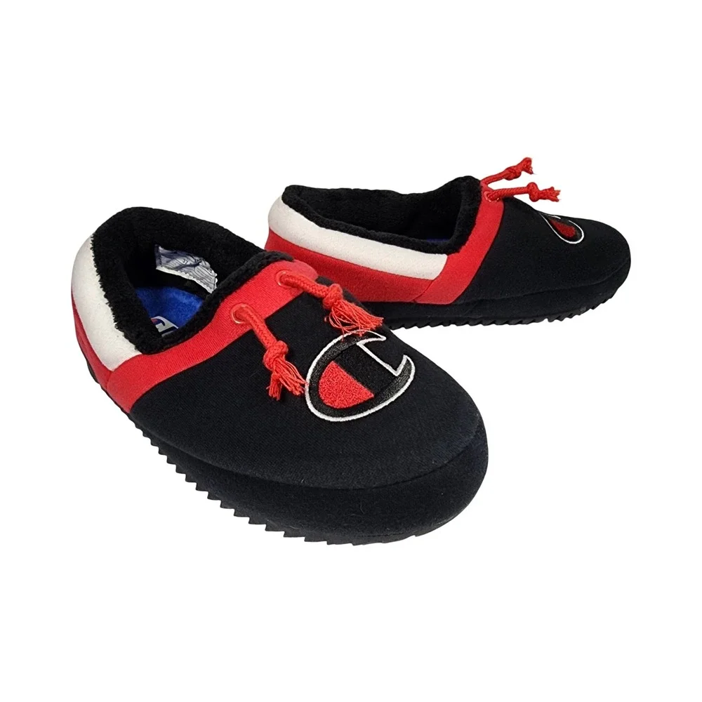 Champion Kids Slippers Youth Size 5Y Black Red White C Logo Cozy Slip On‎